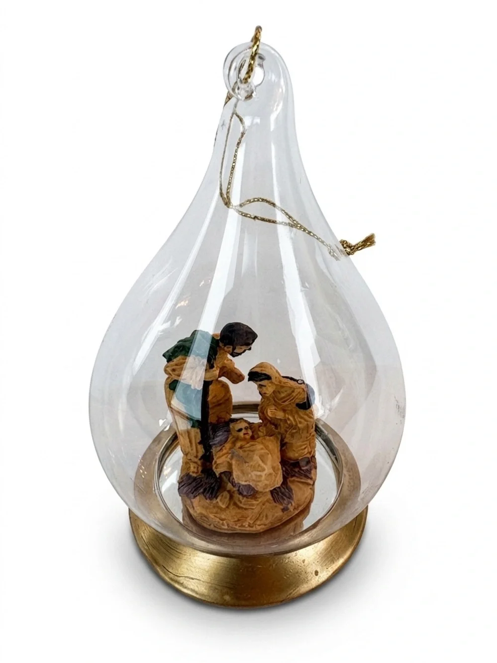 Teardrop Glass Nativity Scene Christmas Tree Ornament Gold Jesus Mary Joseph 4”